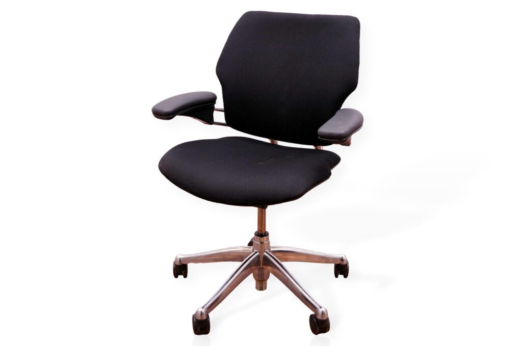 humanscale freedom chair in black fabric with polished aluminium frame