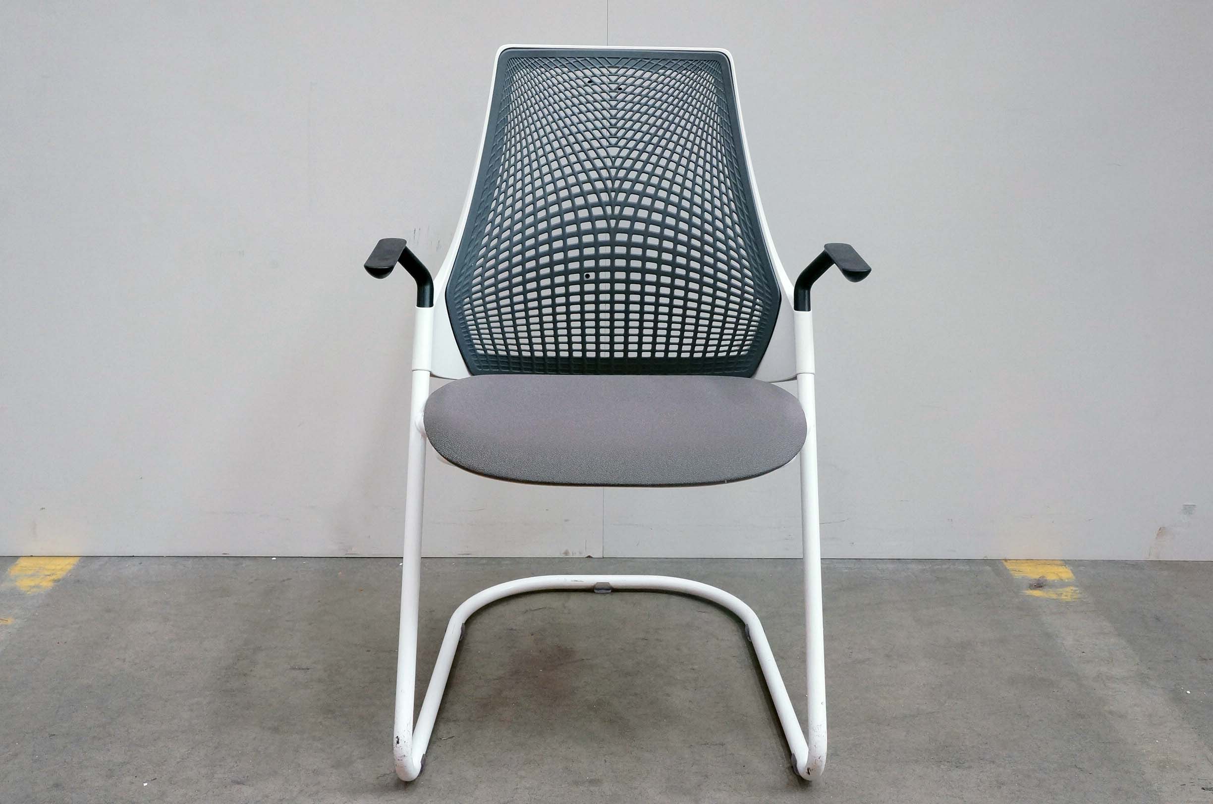 Herman Miller Sayl Meeting Chair, Black Mesh Back, Grey Fabric Seat, Black Arms, White