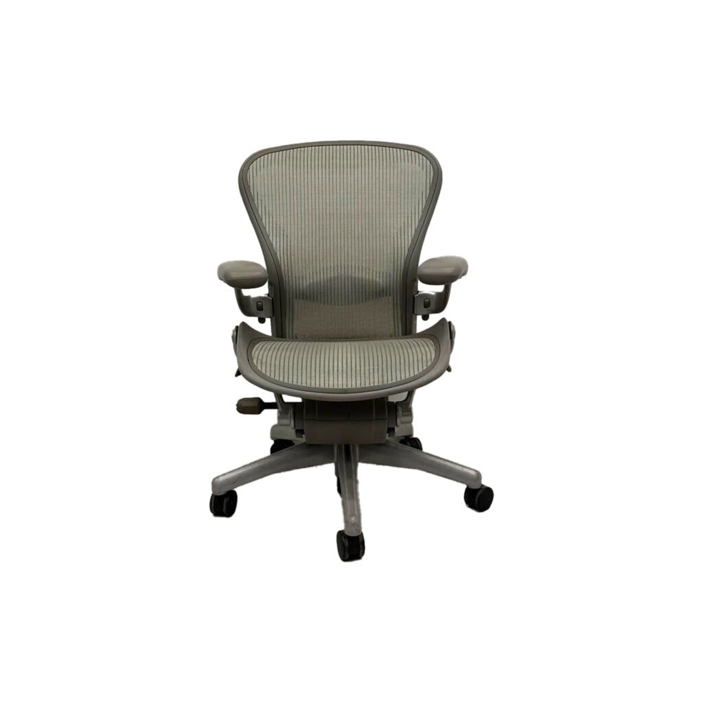 Herman Miller Aeron Light Grey Mesh Lumbar Lever Arm Titanium Grey Frame Fully Loaded Front