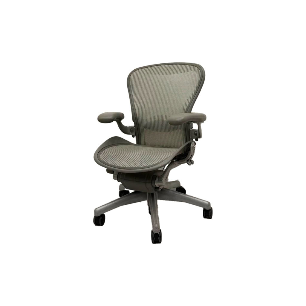 Herman Miller Aeron Light Grey Mesh Lumbar Lever Arm Titanium Grey Frame Fully Loaded Side